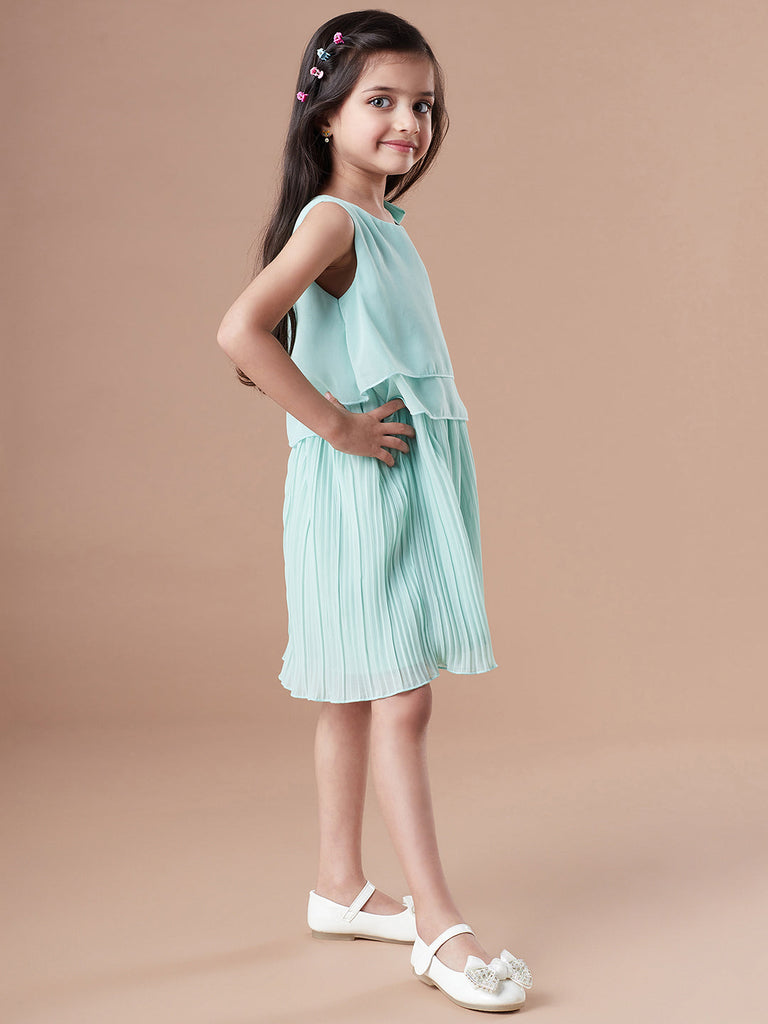 Girls Round Neck Georgette Green solid fit & flare Sleeveless Casual dress (d-geopleat)