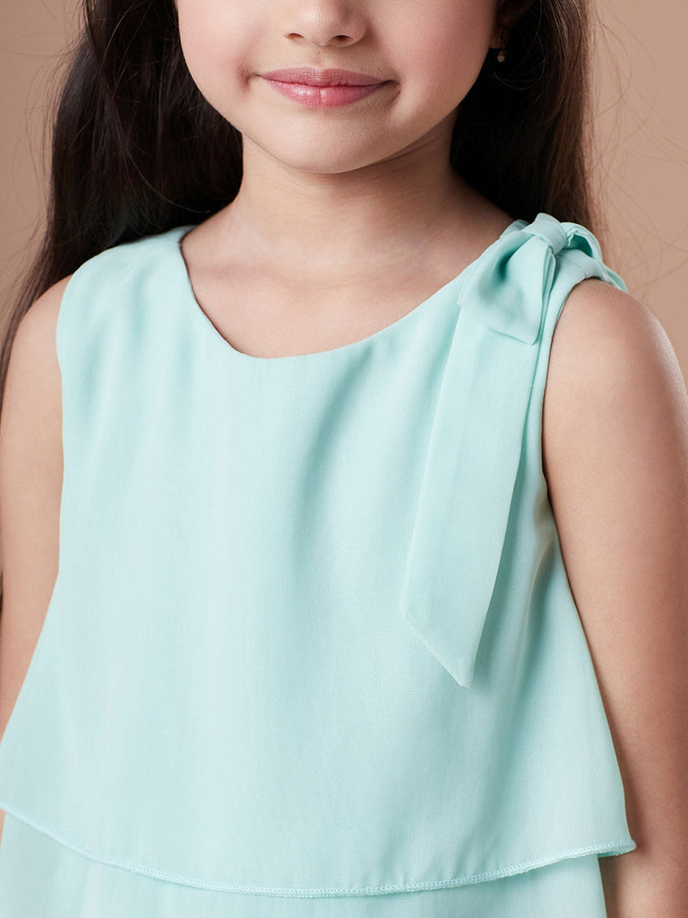 Girls Round Neck Georgette Green solid fit & flare Sleeveless Casual dress (d-geopleat)