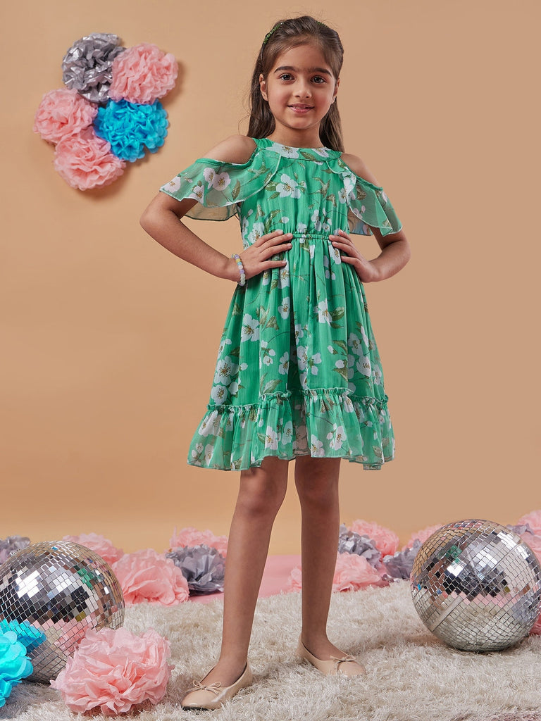 Stylish Floral Printed Cold-Shoulder Sleeves Fit & Flare Green Dress Perfect for Girl's Everyday Casual Wear (d-greenchiff)