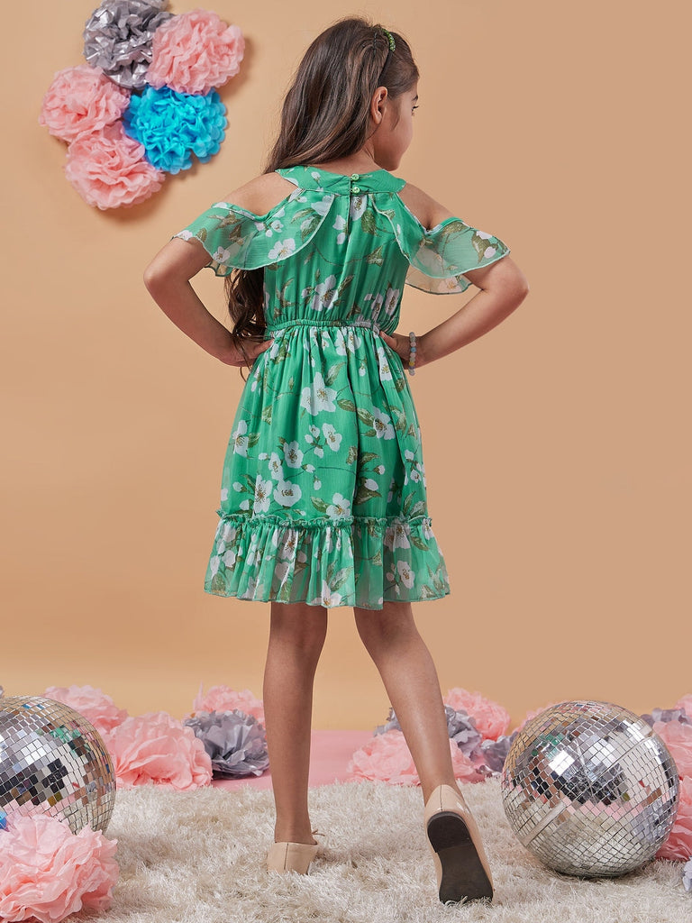 Stylish Floral Printed Cold-Shoulder Sleeves Fit & Flare Green Dress Perfect for Girl's Everyday Casual Wear (d-greenchiff)