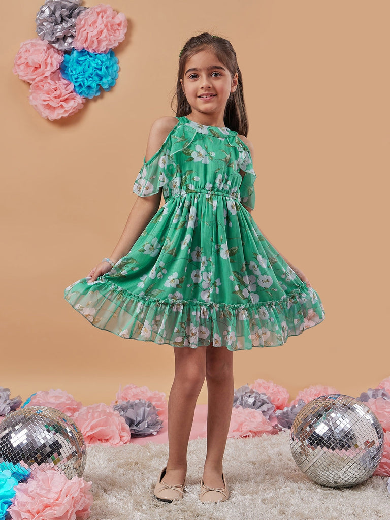 Stylish Floral Printed Cold-Shoulder Sleeves Fit & Flare Green Dress Perfect for Girl's Everyday Casual Wear (d-greenchiff)