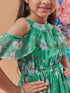 Stylish Floral Printed Cold-Shoulder Sleeves Fit & Flare Green Dress Perfect for Girl's Everyday Casual Wear (d-greenchiff)