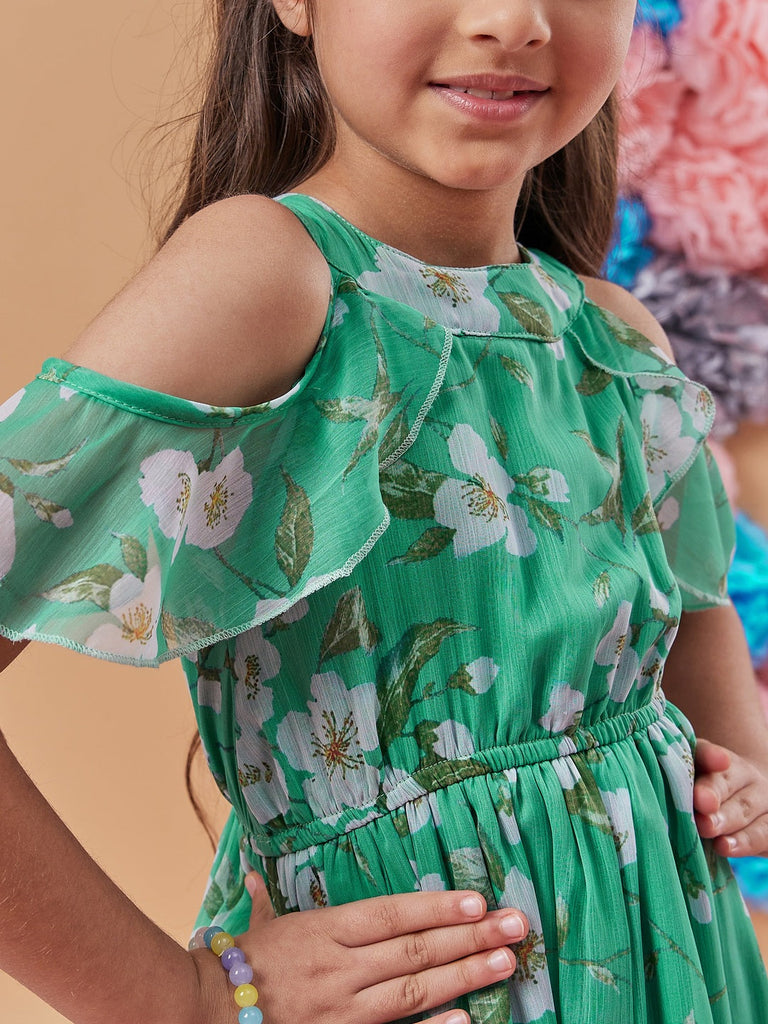 Stylish Floral Printed Cold-Shoulder Sleeves Fit & Flare Green Dress Perfect for Girl's Everyday Casual Wear (d-greenchiff)