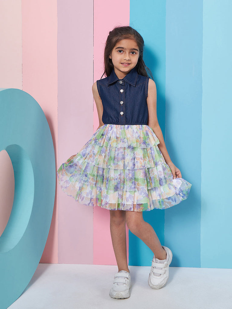 Girl's Floral Printed Sleeveless Layered Denim Green Color Fit Flare Summer Dress Lightweight Fabric Breathable Material (d-greendenim)