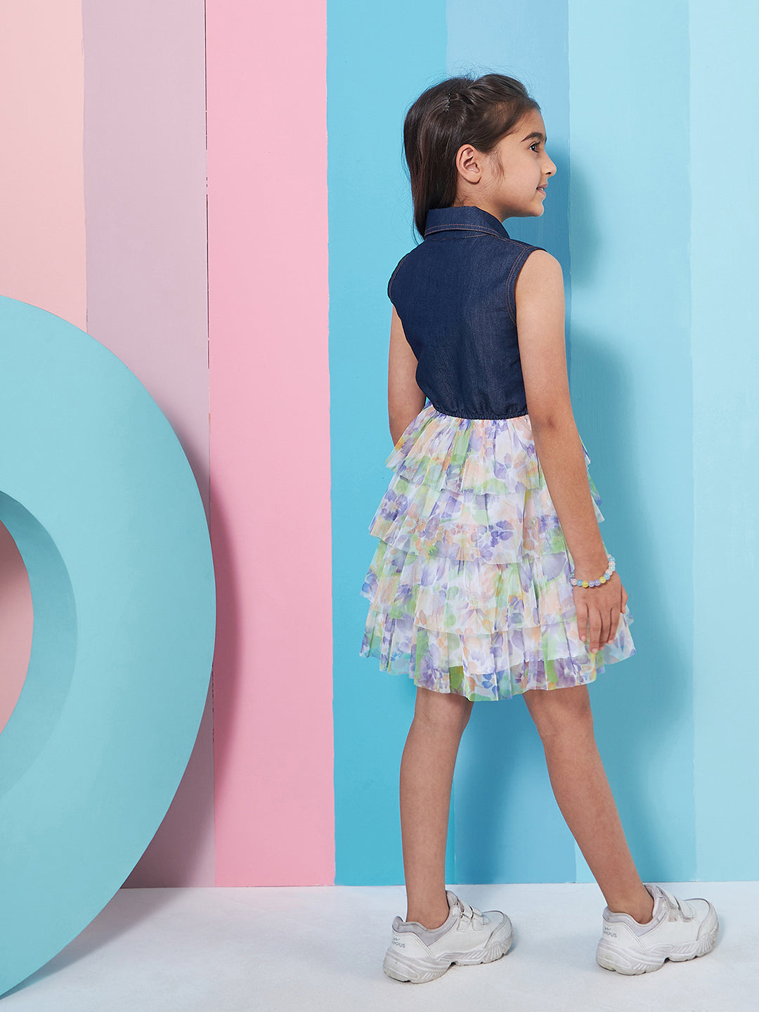 Girl's Floral Printed Sleeveless Layered Denim Green Color Fit Flare Summer Dress Lightweight Fabric Breathable Material (d-greendenim)