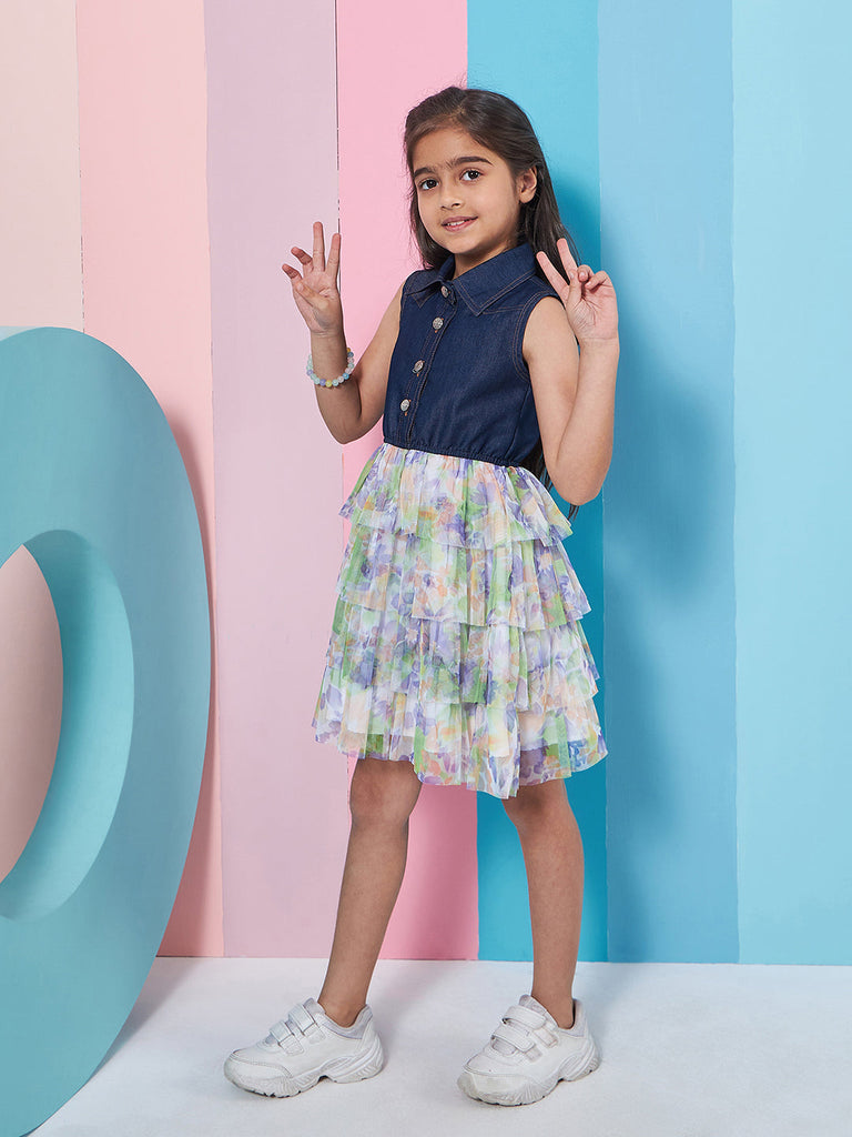 Girl's Floral Printed Sleeveless Layered Denim Green Color Fit Flare Summer Dress Lightweight Fabric Breathable Material (d-greendenim)