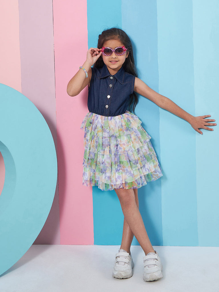 Girl's Floral Printed Sleeveless Layered Denim Green Color Fit Flare Summer Dress Lightweight Fabric Breathable Material (d-greendenim)
