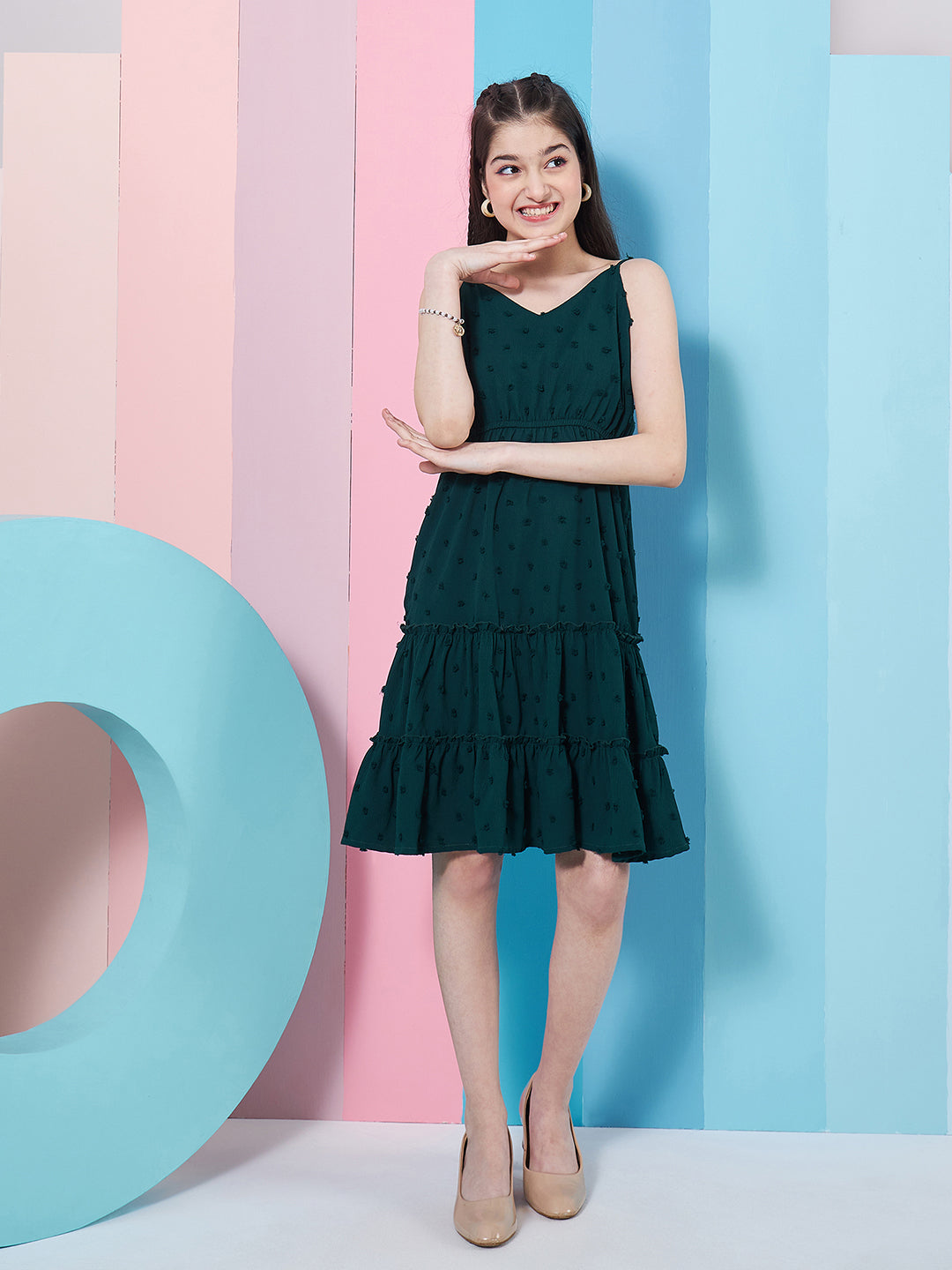 Chic Girl's Self-Design Shoulder Strap Georgette Fit & Flare Green Dress Perfect for Every Stylish Occasion (d-greendobby)