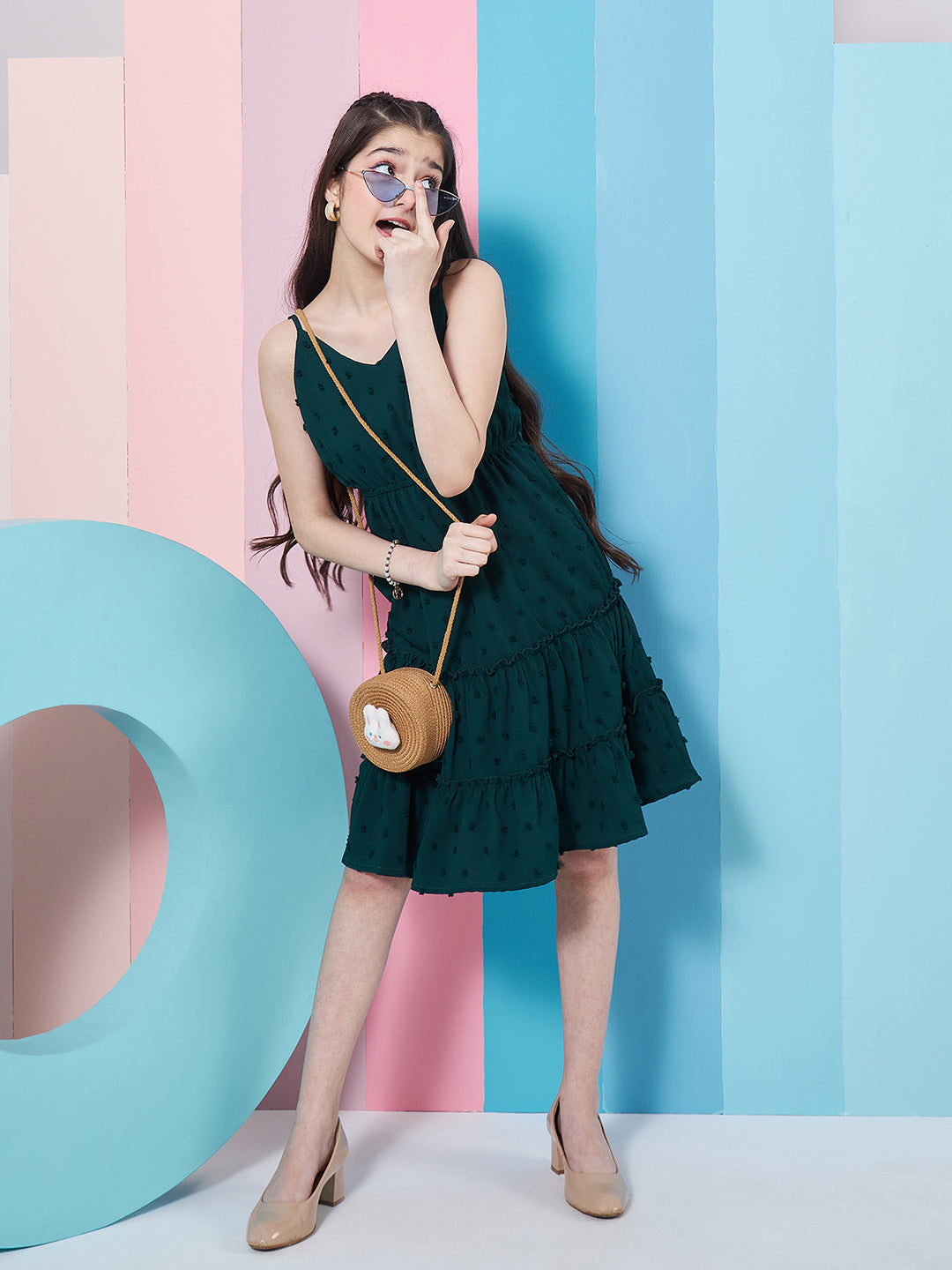 Chic Girl's Self-Design Shoulder Strap Georgette Fit & Flare Green Dress Perfect for Every Stylish Occasion (d-greendobby)