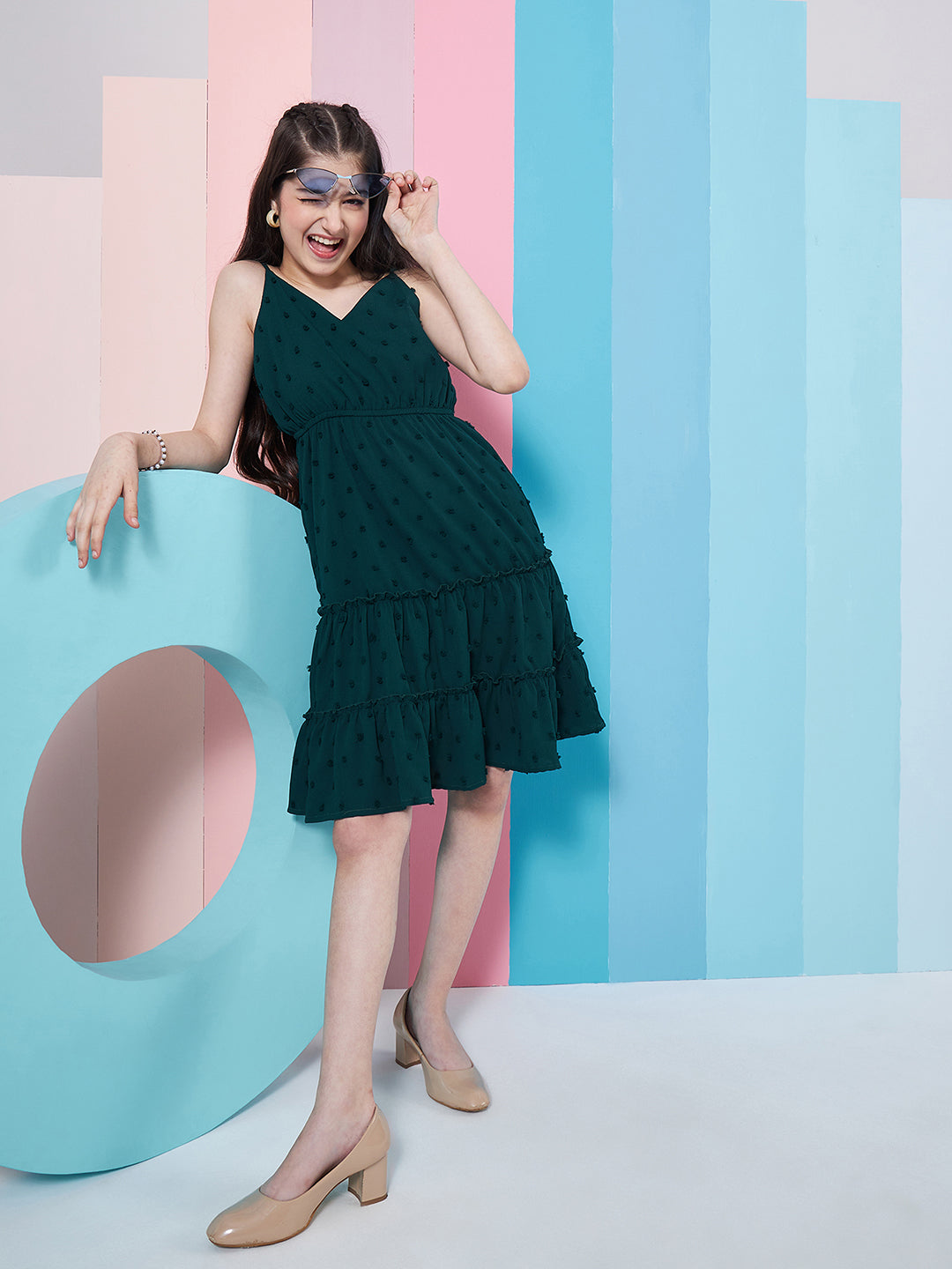 Chic Girl's Self-Design Shoulder Strap Georgette Fit & Flare Green Dress Perfect for Every Stylish Occasion (d-greendobby)