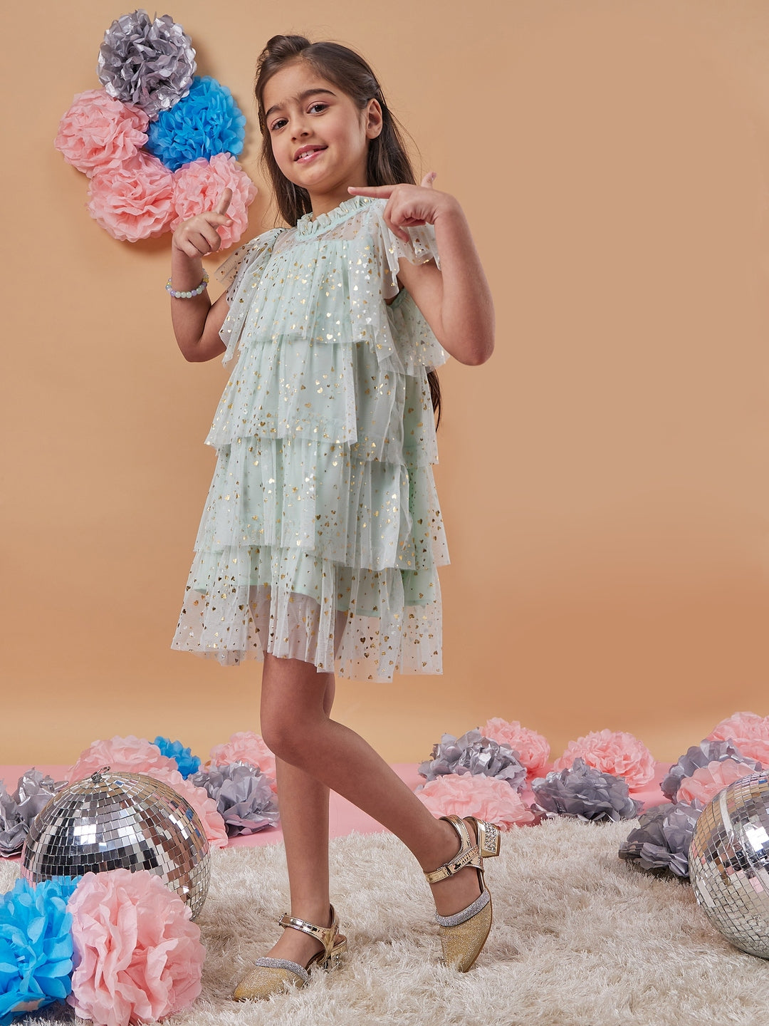 Girl's Embellished Casual Wear Flutter Sleeve Layered Net A-Line Dress Effortlessly Stylish and Elegant Green Color (d-greenhearts)