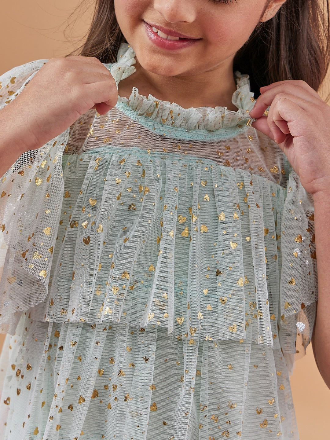 Girl's Embellished Casual Wear Flutter Sleeve Layered Net A-Line Dress Effortlessly Stylish and Elegant Green Color (d-greenhearts)