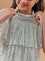 Girl's Embellished Casual Wear Flutter Sleeve Layered Net A-Line Dress Effortlessly Stylish and Elegant Green Color (d-greenhearts)