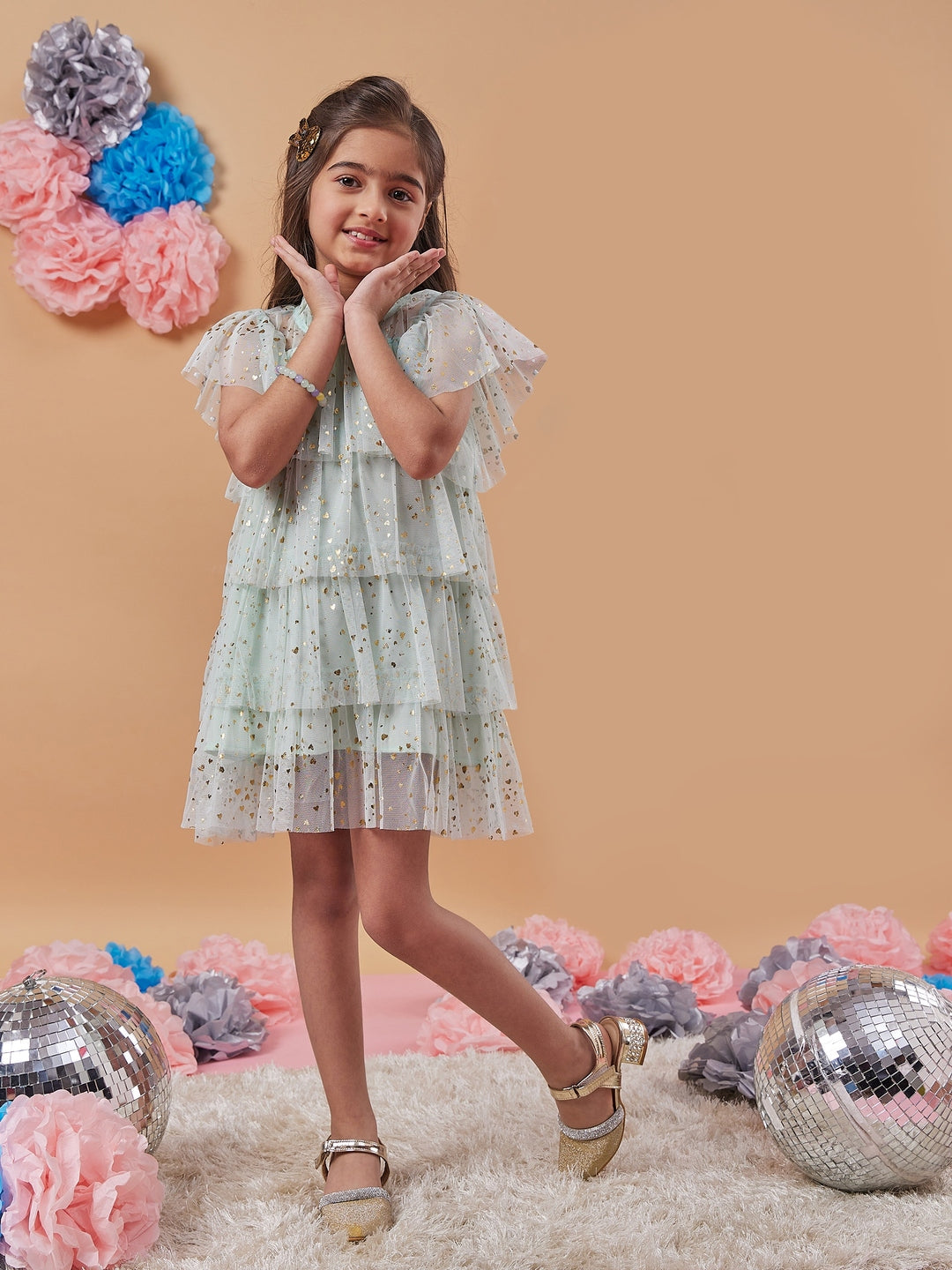 Girl's Embellished Casual Wear Flutter Sleeve Layered Net A-Line Dress Effortlessly Stylish and Elegant Green Color (d-greenhearts)