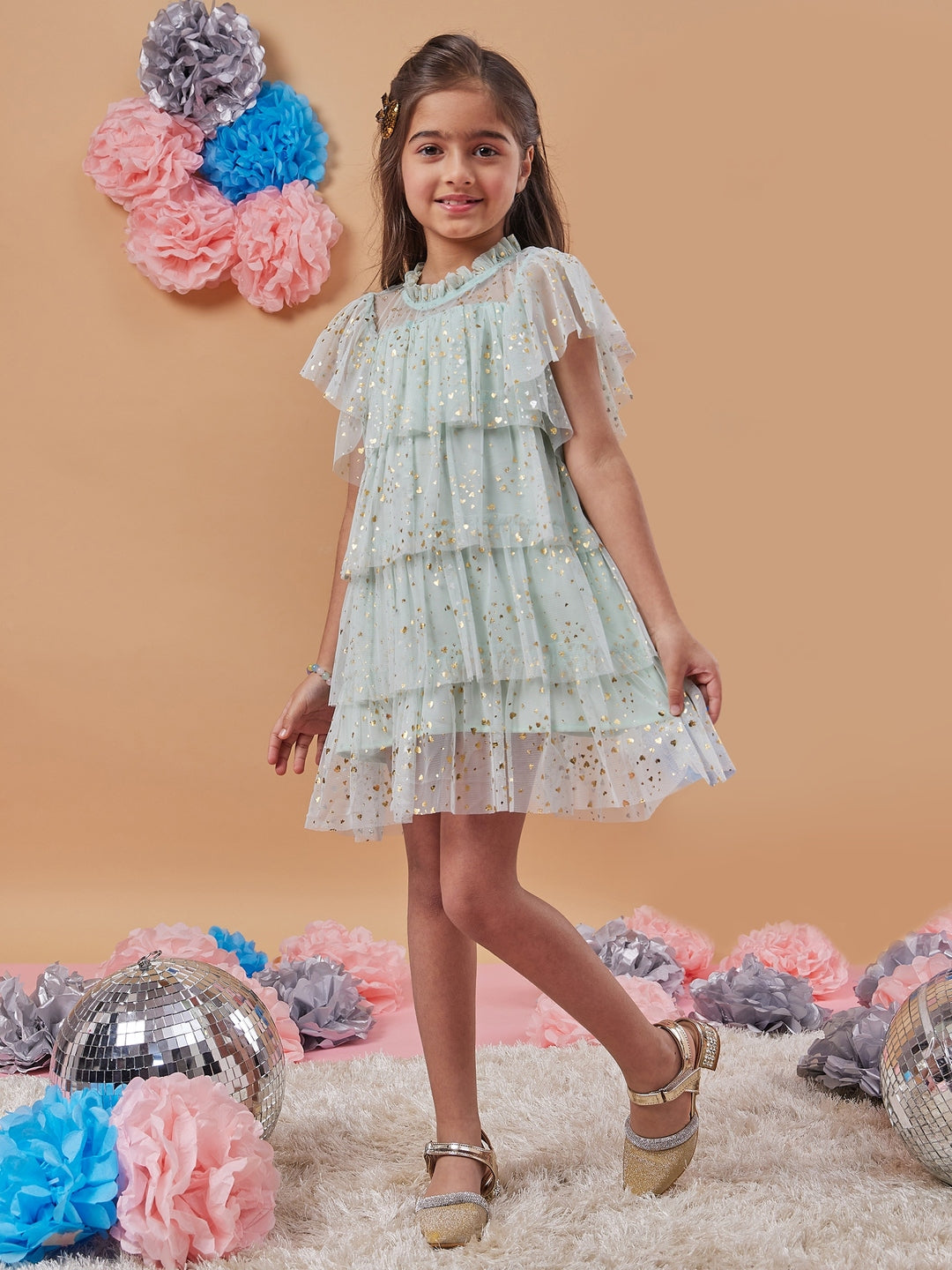 Girl's Embellished Casual Wear Flutter Sleeve Layered Net A-Line Dress Effortlessly Stylish and Elegant Green Color (d-greenhearts)