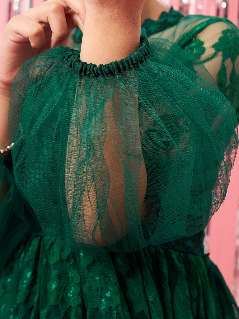 Girls Self Design Gathered Lace Fit & Flare Dress (d-greenlace)