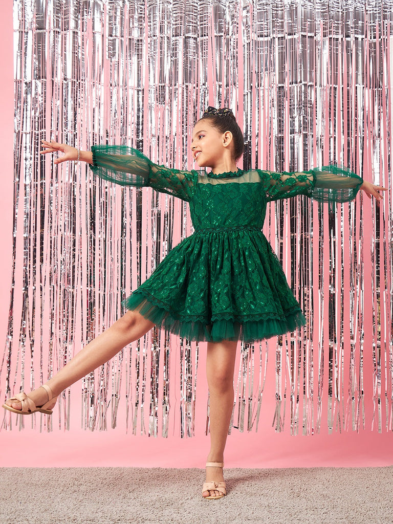 Girls Self Design Gathered Lace Fit & Flare Dress (d-greenlace)