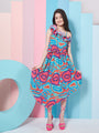 Girl's Abstract Printed One Shoulder Georgette Fit Flare Midi Green Dress Stylish Fashion For Everyday Look (d-greenpleat)