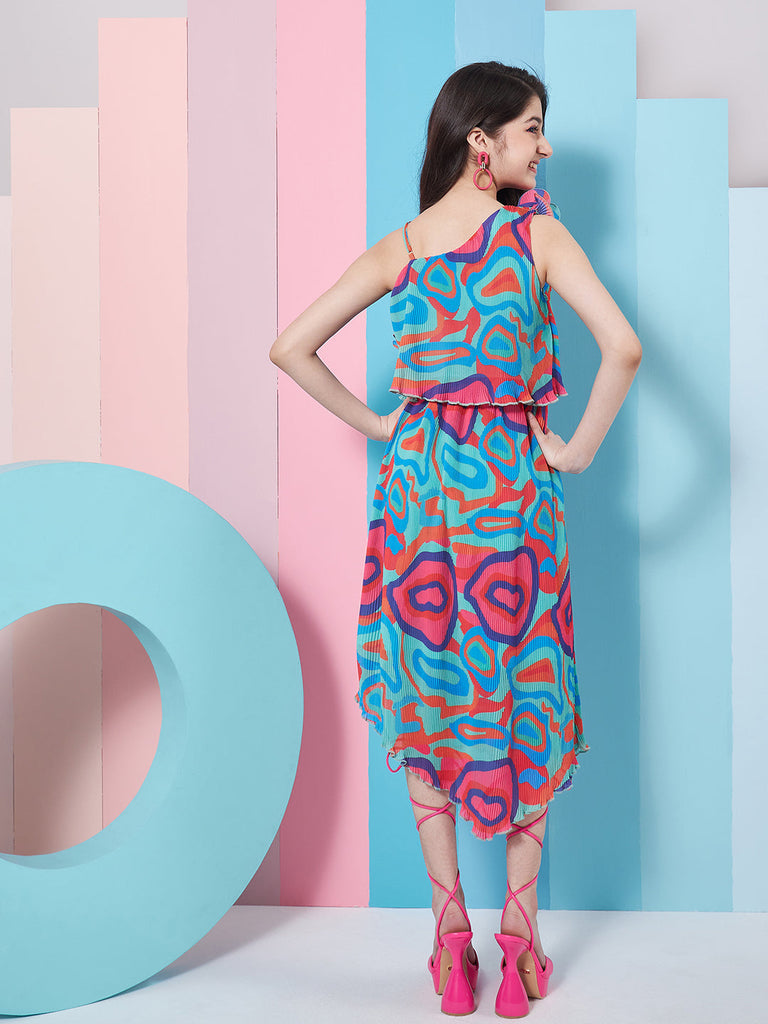 Girl's Abstract Printed One Shoulder Georgette Fit Flare Midi Green Dress Stylish Fashion For Everyday Look (d-greenpleat)