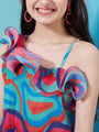 Girl's Abstract Printed One Shoulder Georgette Fit Flare Midi Green Dress Stylish Fashion For Everyday Look (d-greenpleat)