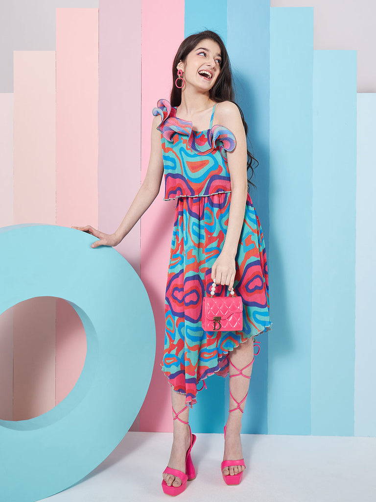 Girl's Abstract Printed One Shoulder Georgette Fit Flare Midi Green Dress Stylish Fashion For Everyday Look (d-greenpleat)