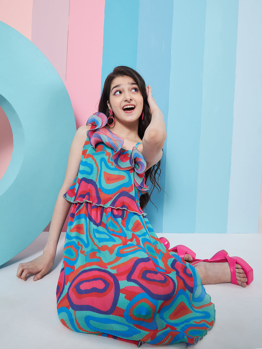 Girl's Abstract Printed One Shoulder Georgette Fit Flare Midi Green Dress Stylish Fashion For Everyday Look (d-greenpleat)