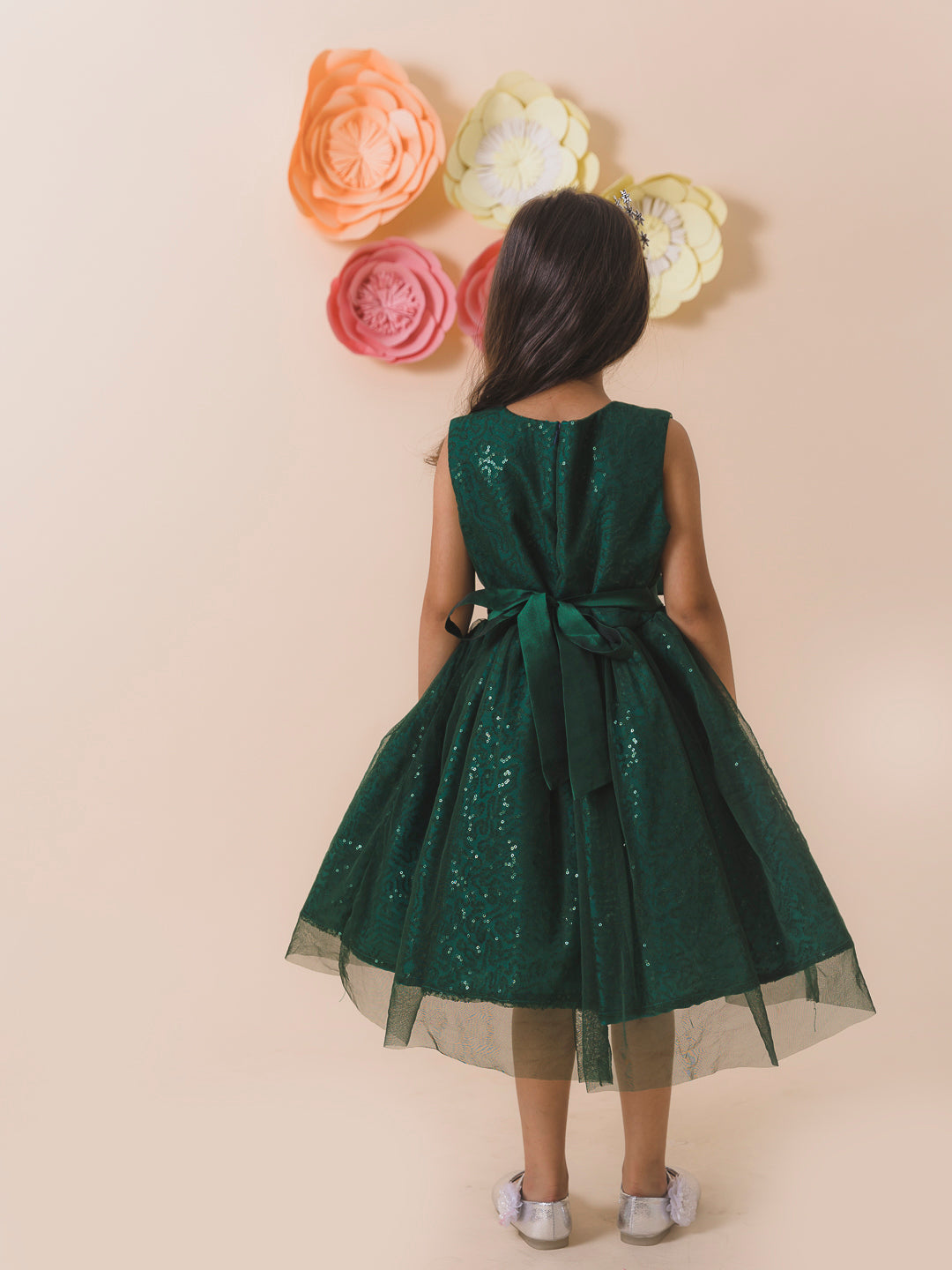 Green Embellished Net Midi length Round neck Sleeveless Party Wear Dress (D-GREENSEQ)
