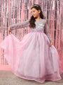 Girls Grey and pink embellished Sequinned Fit & Flare Round neck regular sleeves Maxi length Casual Dress (d-greygown)