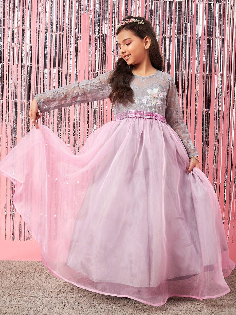 Girls Grey and pink embellished Sequinned Fit & Flare Round neck regular sleeves Maxi length Casual Dress (d-greygown)