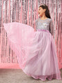 Girls Grey and pink embellished Sequinned Fit & Flare Round neck regular sleeves Maxi length Casual Dress (d-greygown)