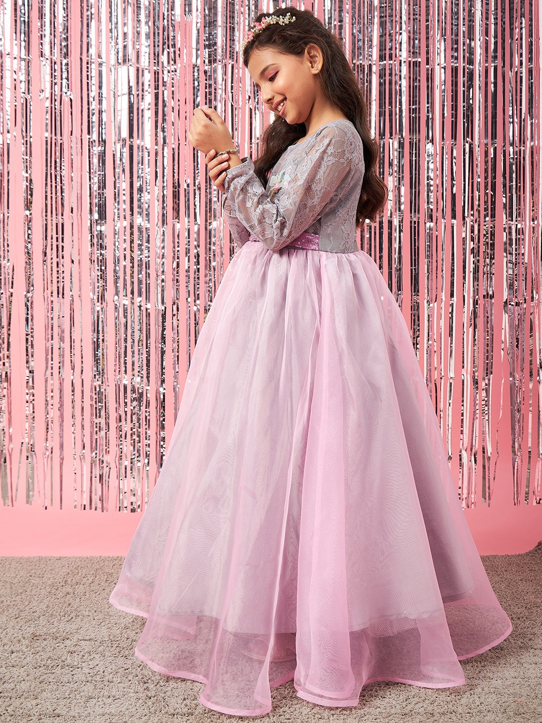 Girls Grey and pink embellished Sequinned Fit & Flare Round neck regular sleeves Maxi length Casual Dress (d-greygown)