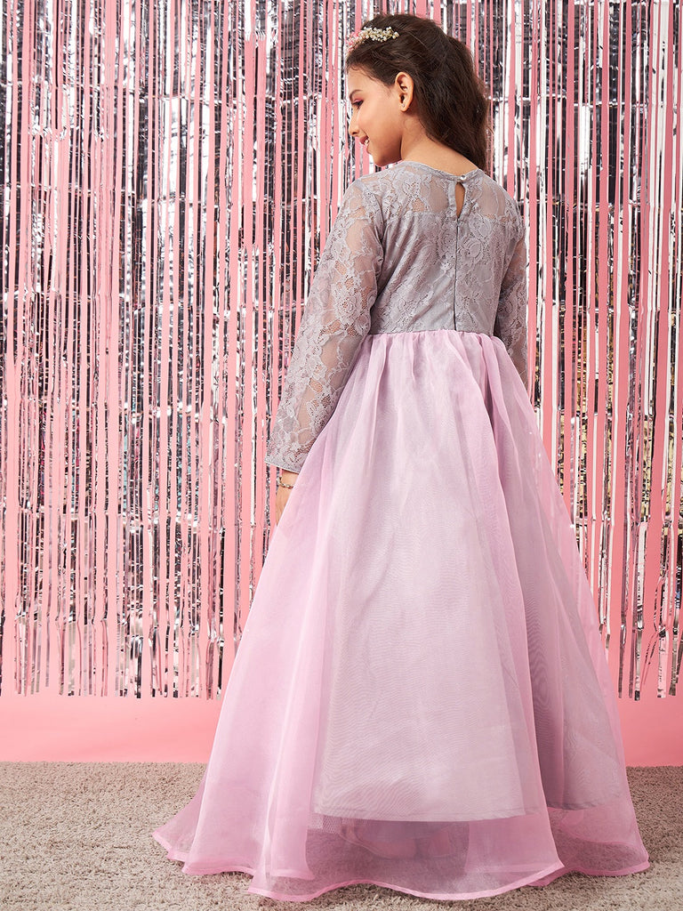 Girls Grey and pink embellished Sequinned Fit & Flare Round neck regular sleeves Maxi length Casual Dress (d-greygown)