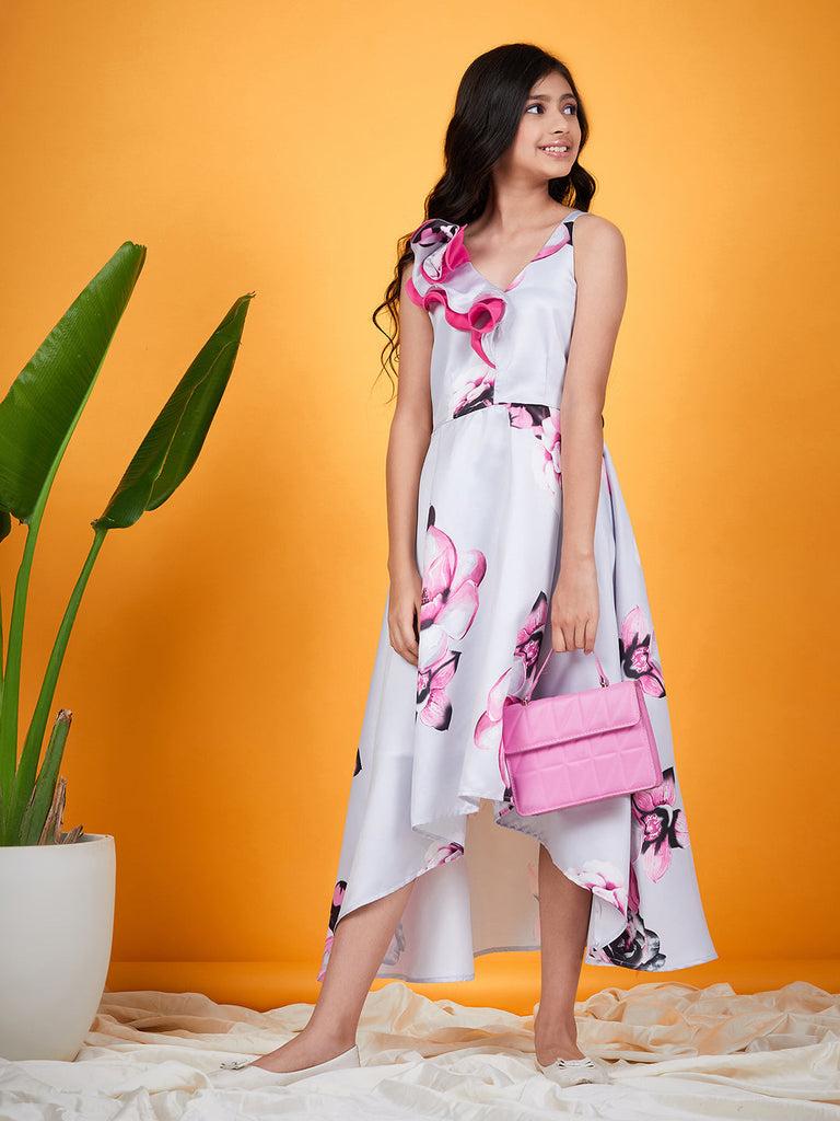 Girls Floral Printed V-Neck Shoulder Straps Ruffled Satin A-Line Dress (d-greysatin)