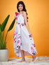 Girls Floral Printed V-Neck Shoulder Straps Ruffled Satin A-Line Dress (d-greysatin)