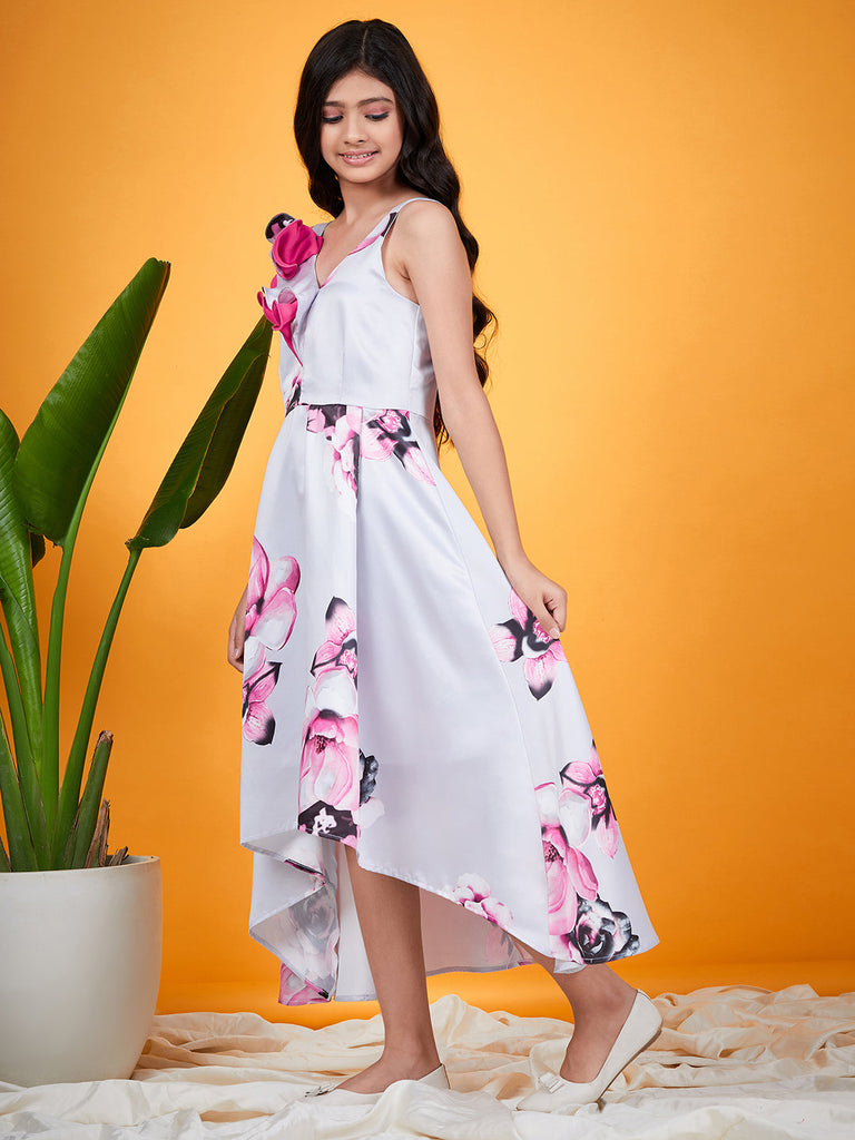 Girls Floral Printed V-Neck Shoulder Straps Ruffled Satin A-Line Dress (d-greysatin)