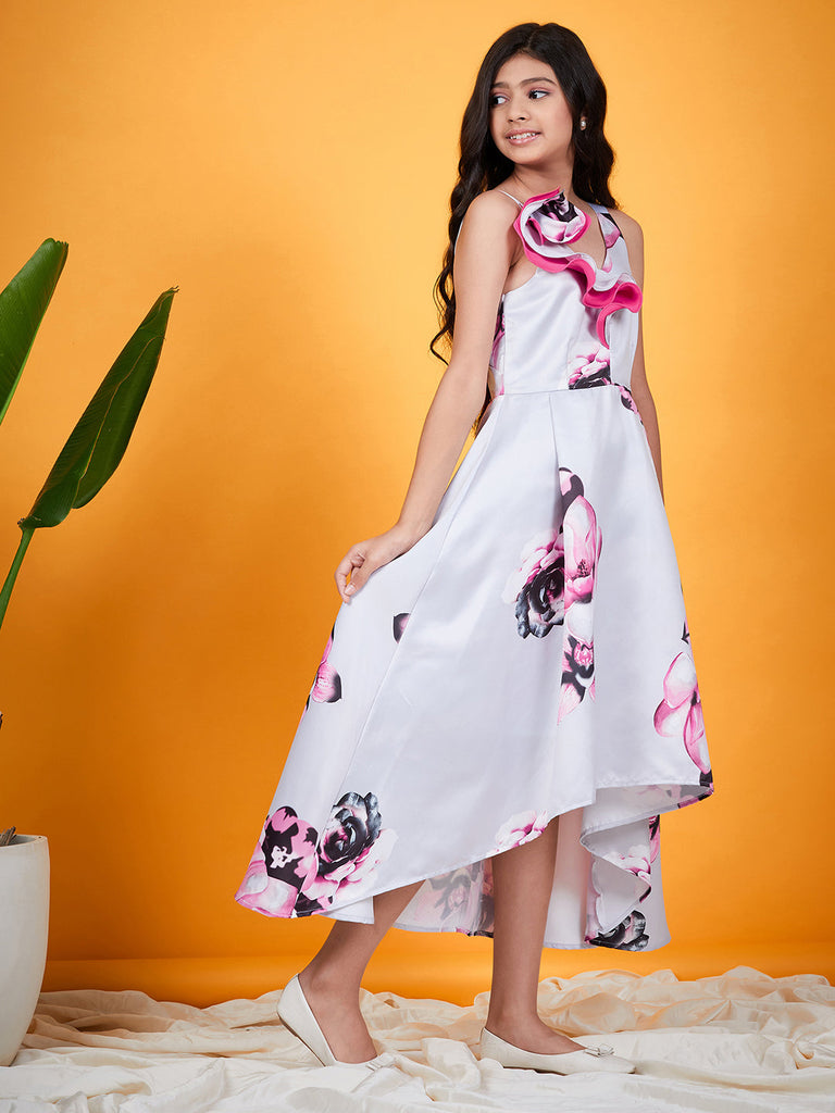 Girls Floral Printed V-Neck Shoulder Straps Ruffled Satin A-Line Dress (d-greysatin)