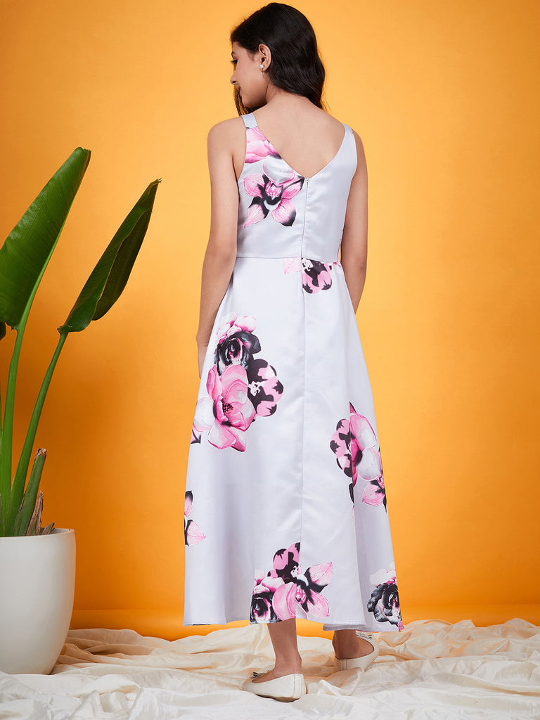 Girls Floral Printed V-Neck Shoulder Straps Ruffled Satin A-Line Dress (d-greysatin)