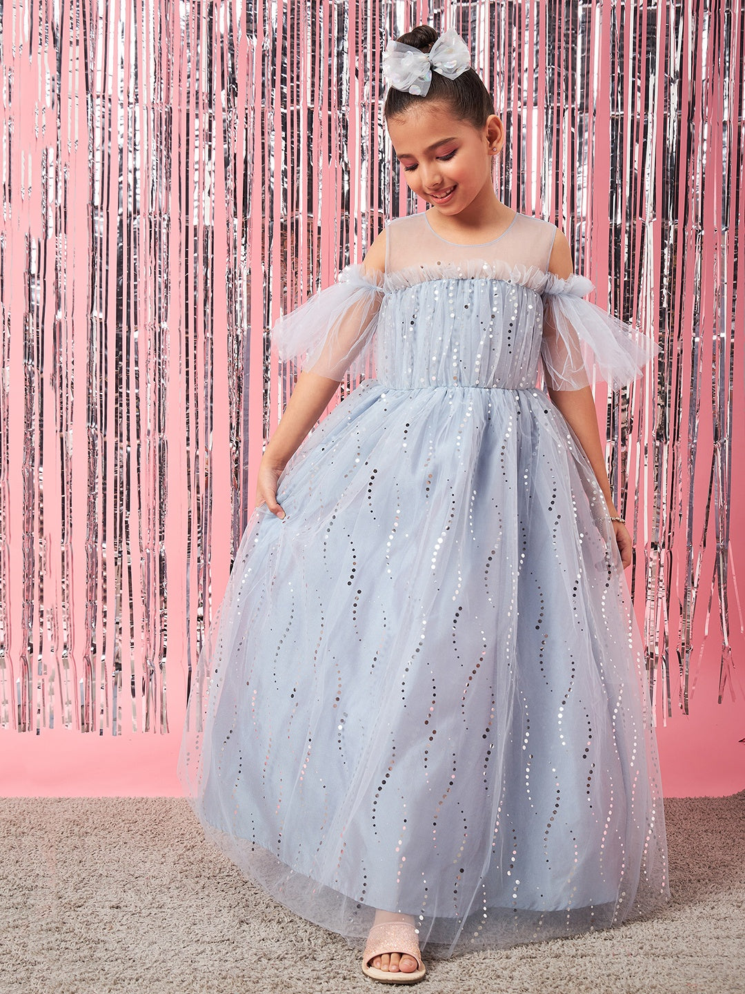 Girls Embellished Cold-Shoulder Sleeves Net Fit & Flare Maxi Dress (d-greyspray)