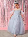 Girls Embellished Cold-Shoulder Sleeves Net Fit & Flare Maxi Dress (d-greyspray)