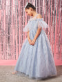 Girls Embellished Cold-Shoulder Sleeves Net Fit & Flare Maxi Dress (d-greyspray)