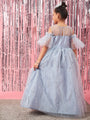 Girls Embellished Cold-Shoulder Sleeves Net Fit & Flare Maxi Dress (d-greyspray)