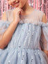 Girls Embellished Cold-Shoulder Sleeves Net Fit & Flare Maxi Dress (d-greyspray)