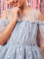 Girls Embellished Cold-Shoulder Sleeves Net Fit & Flare Maxi Dress (d-greyspray)