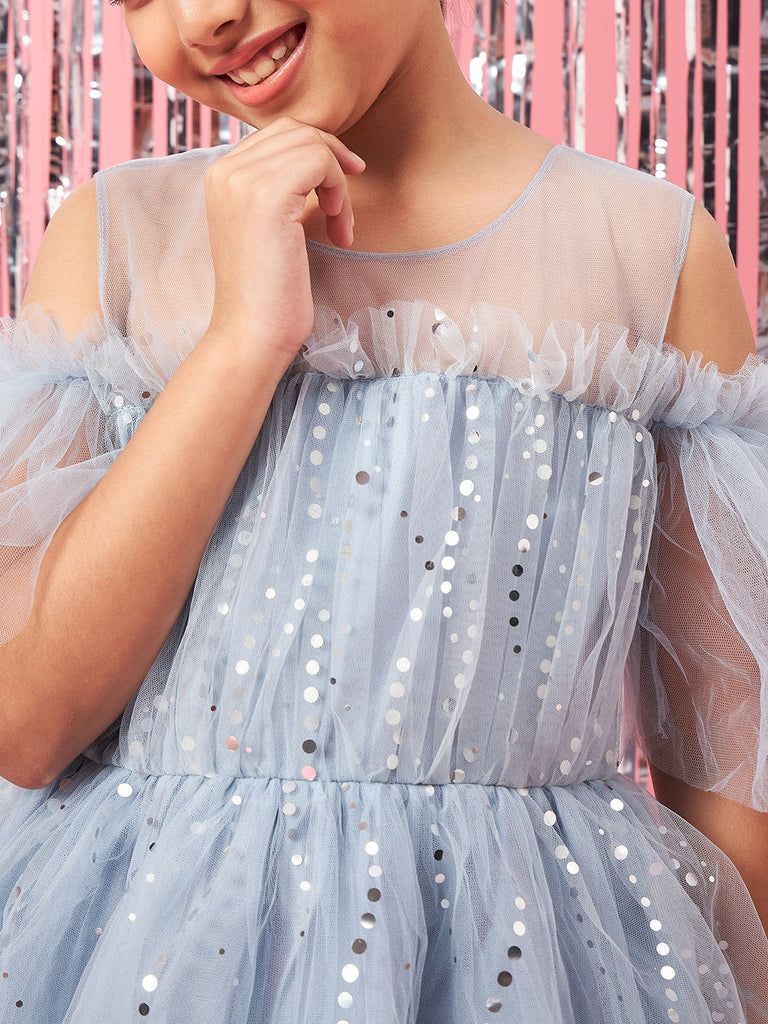 Girls Embellished Cold-Shoulder Sleeves Net Fit & Flare Maxi Dress (d-greyspray)