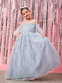 Girls Embellished Cold-Shoulder Sleeves Net Fit & Flare Maxi Dress (d-greyspray)