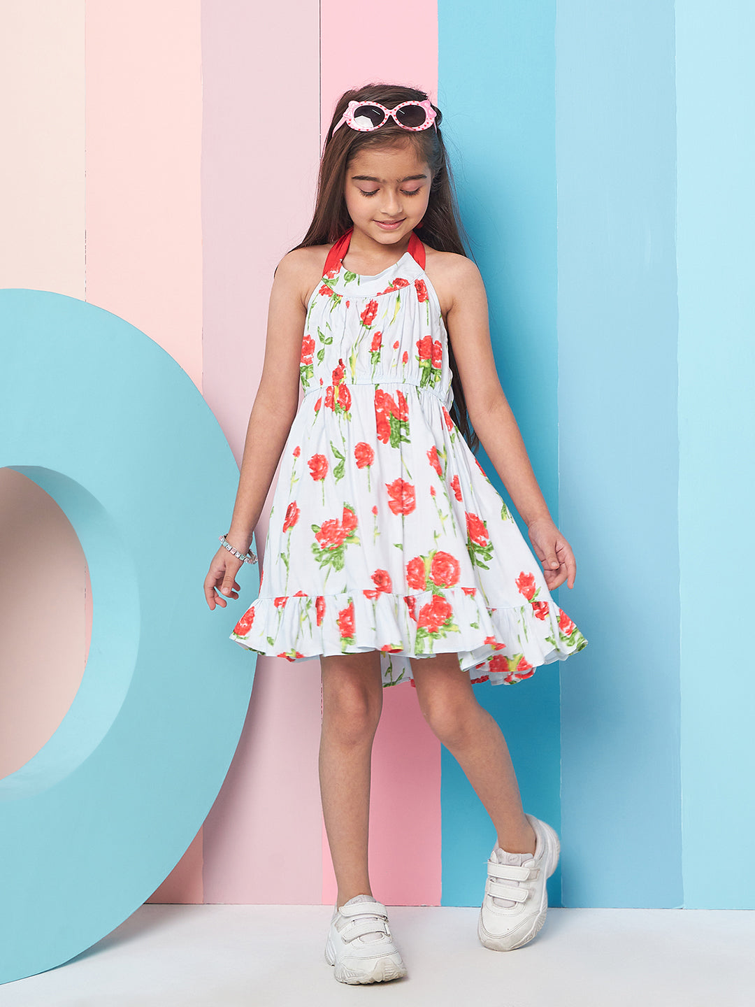 Adorable Girl's Floral Printed Halter Neck Cotton A-Line Dress Blue Color Stylish & Comfortable Summer Fashion (d-haulterrose)