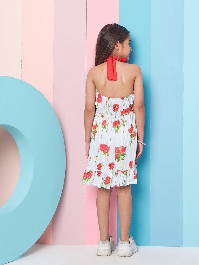 Adorable Girl's Floral Printed Halter Neck Cotton A-Line Dress Blue Color Stylish & Comfortable Summer Fashion (d-haulterrose)