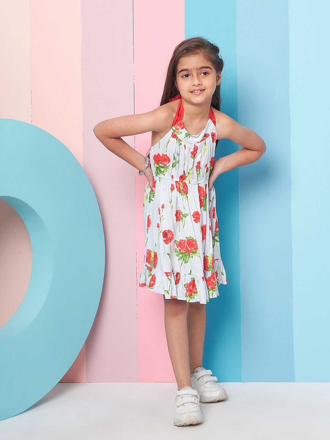 Adorable Girl's Floral Printed Halter Neck Cotton A-Line Dress Blue Color Stylish & Comfortable Summer Fashion (d-haulterrose)