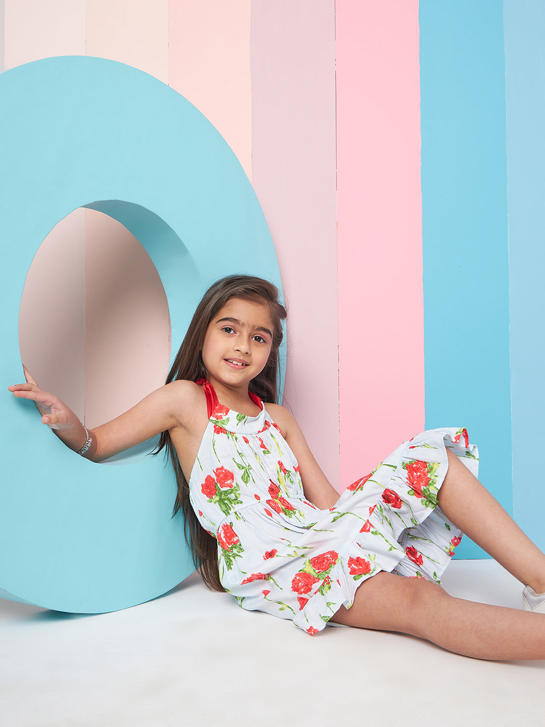 Adorable Girl's Floral Printed Halter Neck Cotton A-Line Dress Blue Color Stylish & Comfortable Summer Fashion (d-haulterrose)