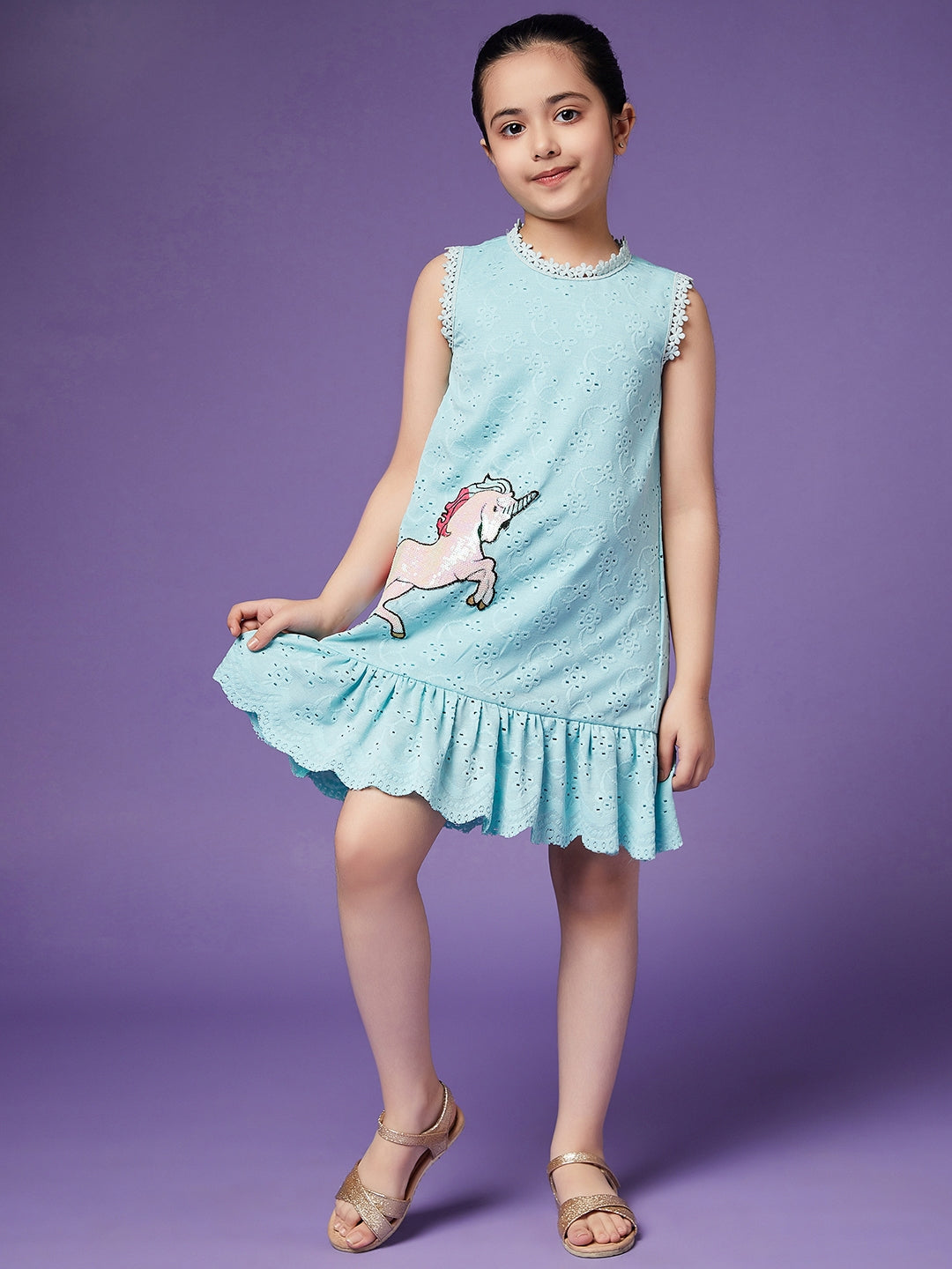 Girls Schiffli Drop-Waist Cotton Dress (d-laceblue)